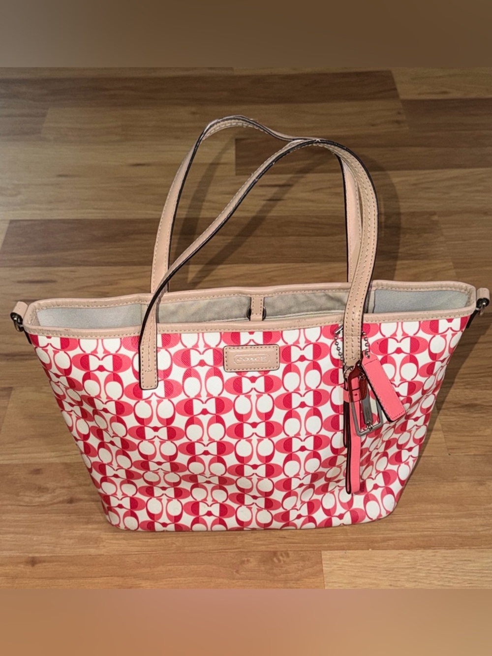 Coach Pink Signature C Canvas Tote with Beige Leather Handles